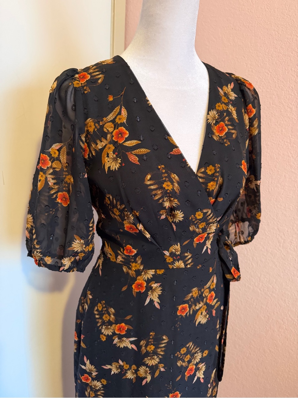 Lulus Seasonal Chic Black Floral Swiss Dot Wrap High-Low Dress - Picture 10 of 12